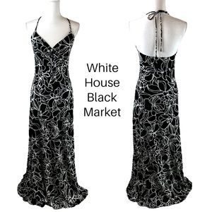White House Black Market Black & White Floral Halter Maxi Dress NWOT